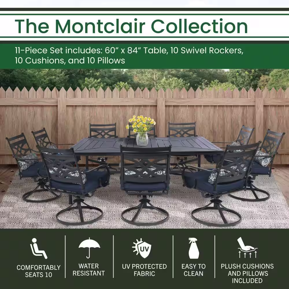Hanover Montclair 11-Piece Steel Outdoor Dining Set with Navy Blue Cushions, 10 Swivel Rockers and 60 in. x 84 in. Table