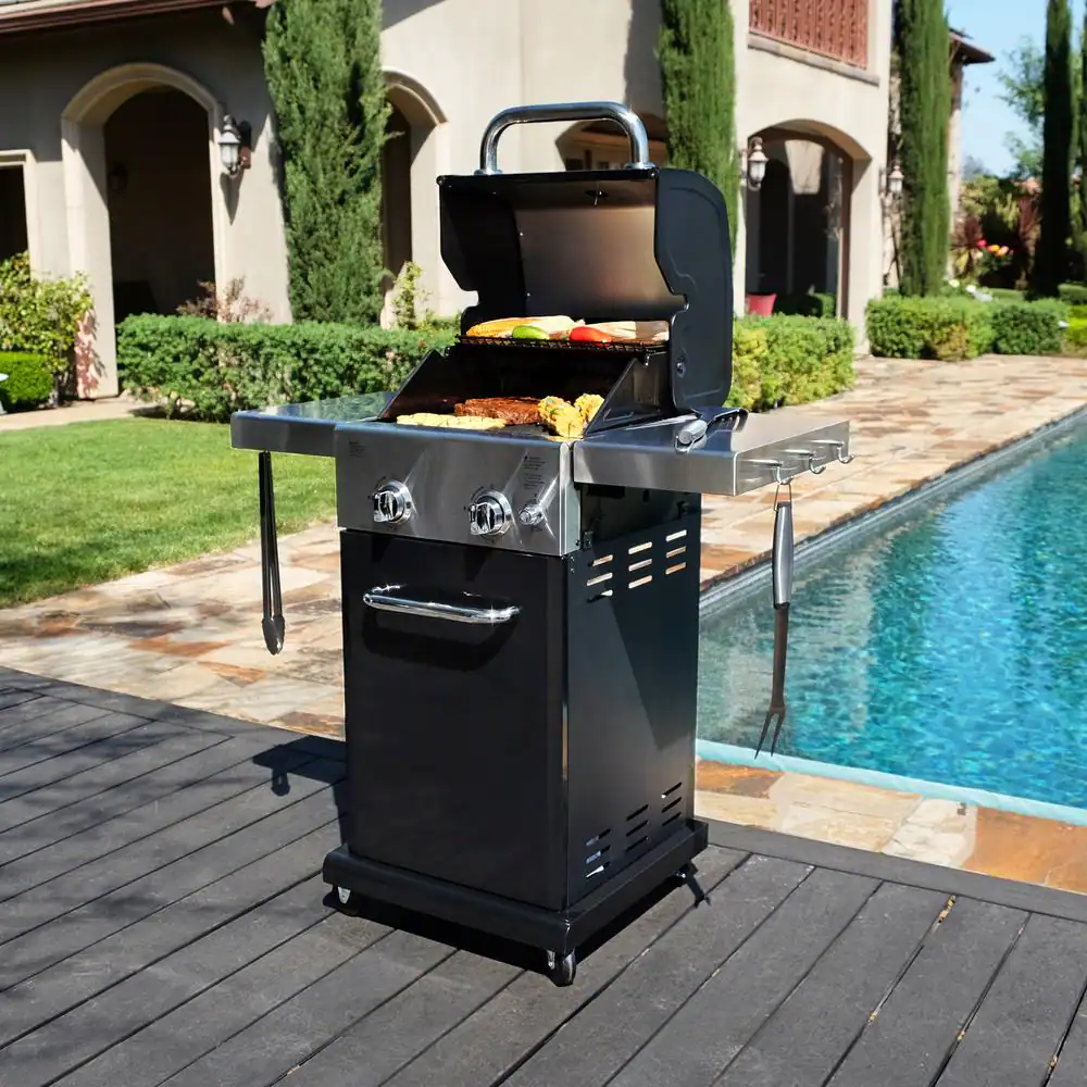 PERMASTEEL 2-Burner Pedestal Propane Gas Grill in Black With Folding Side Shelves
