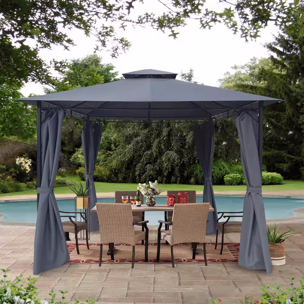 None 10 ft. x 10 ft. Dark Gray Outdoor Patio Gazebo Tent with Curtains