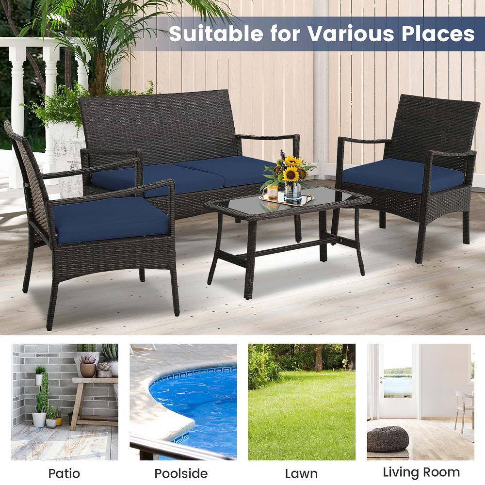 Costway 4-Piece Wicker Patio Conversation Set Rattan Furniture Sofa Armrest Coffee Table with Navy Cushions