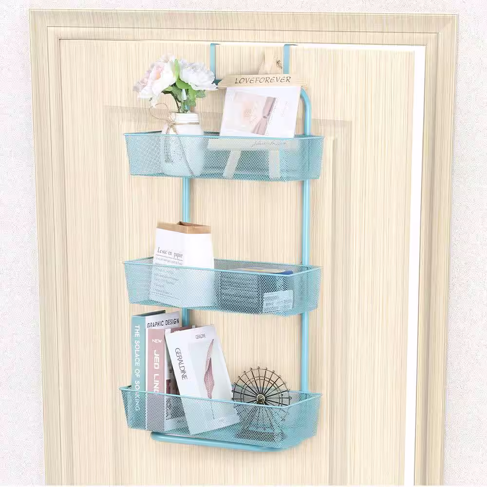 None 3-Layer Mesh Basket Hanging Storage Cabinet Door Storage Cabinet Storage Bag (Water Blue)