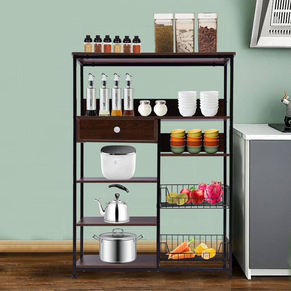 None Brown 5-Tier Metal Wood Shelving Unit (31.5 in. W x 43.7 in. H x 11.8 in. D)