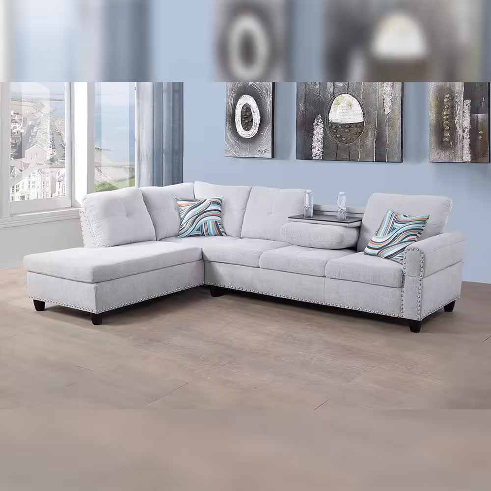 Star Home Living 103.50 in. W Round Arm 2-piece Fabric L Shaped Modern Left Facing Sectional Sofa Set in Gray w/Drop Down Table