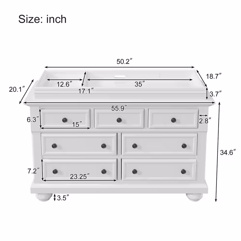 Harper & Bright Designs White Solid Wood 7-Drawer 55.9 in. Wide Multifunctional Dresser with Changing Table