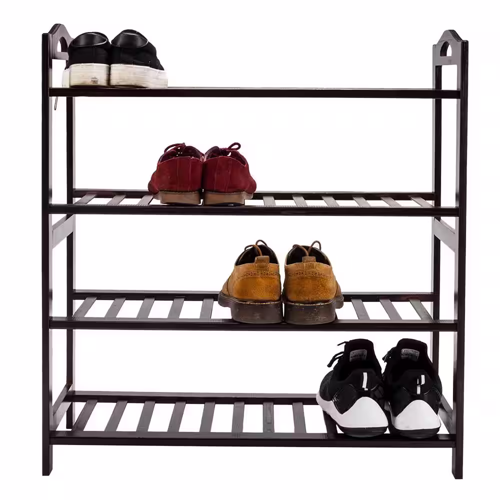 None 26.77 in. L x 9.84 in. W x 28.74 in. H 16-Pairs 4-Tier Brown Wood Shoe Rack