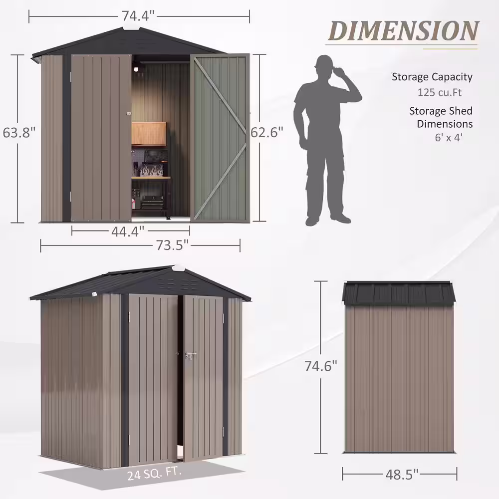 Tozey 4 ft. W x 6 ft. D Outdoor Storage Metal Shed Lockable Metal Garden Shed for Backyard Outdoor 127 sq. ft.