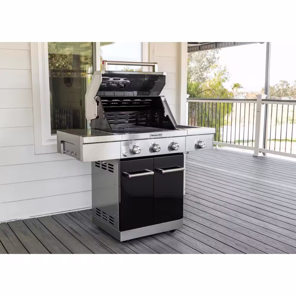 KitchenAid 3-Burner Propane Gas Grill with Searing Side Burner and Silver PDC Side Shelves in Black
