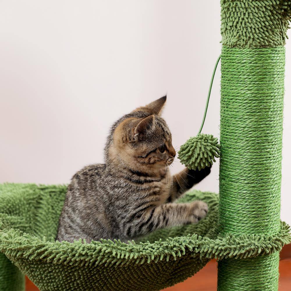 None 36.9 in. H Cat Tree Cat Scratching Post with Hammock Play Tower in Green