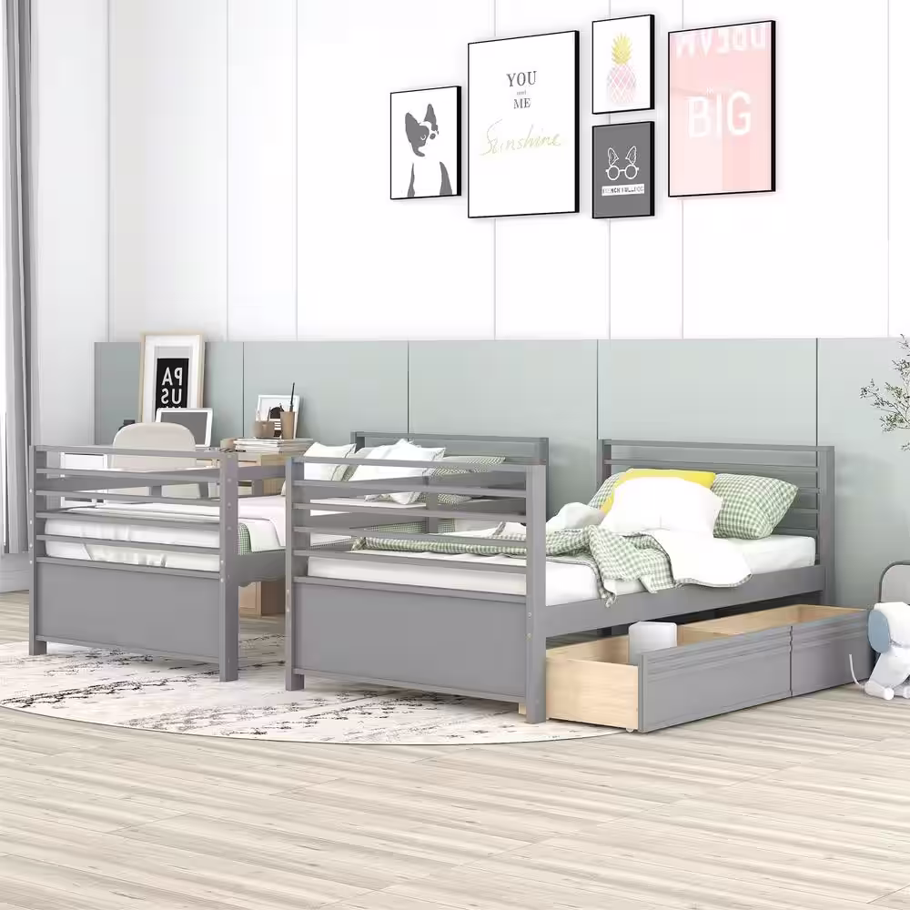 Harper & Bright Designs Elegant Gray Twin Over Twin Wood Bunk Bed With 2-Drawers