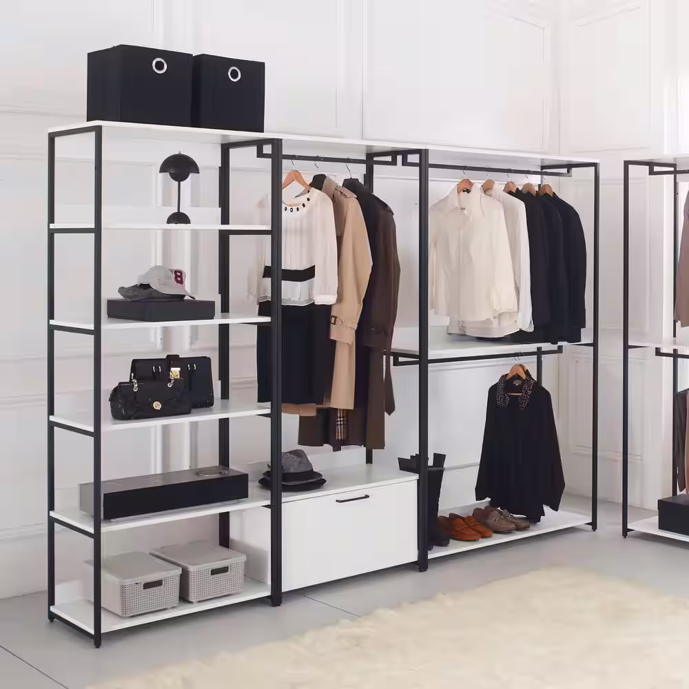 None Fiona 111 in. W White Freestanding Walk in Wood Closet System with Metal Frame