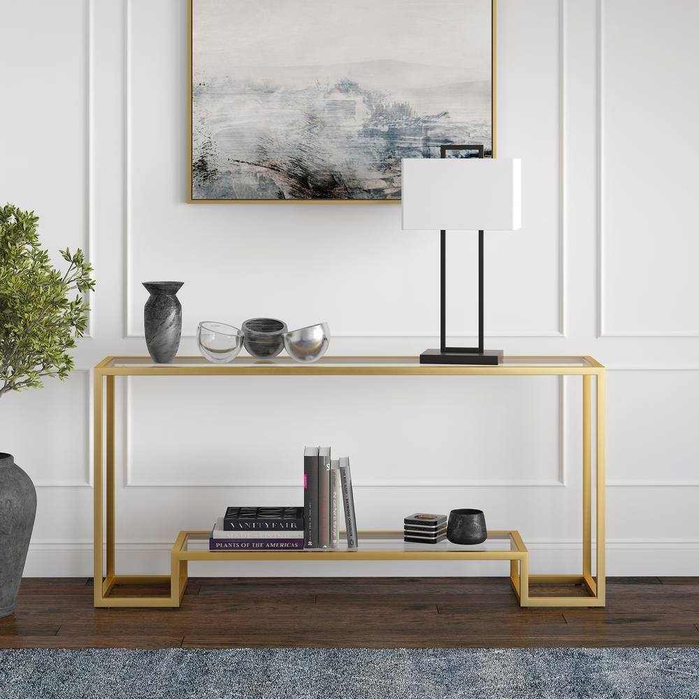 None Athena 64 in. Gold Rectangle Glass Console Table