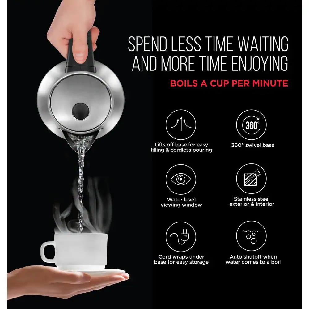 Chefman 7 Cup 1500W Stainless Steel Kettle with Auto Shut Off, 1.7L