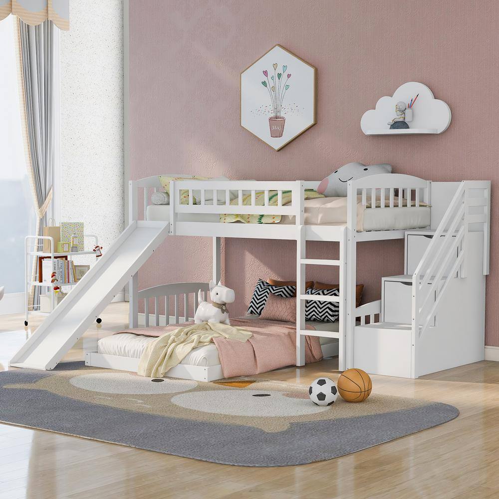None Stairway White Twin Over Twin Bunk Bed Frame with Slide and Storage Staircase, Low Wood Bunk Bed for Kids Boys Girls