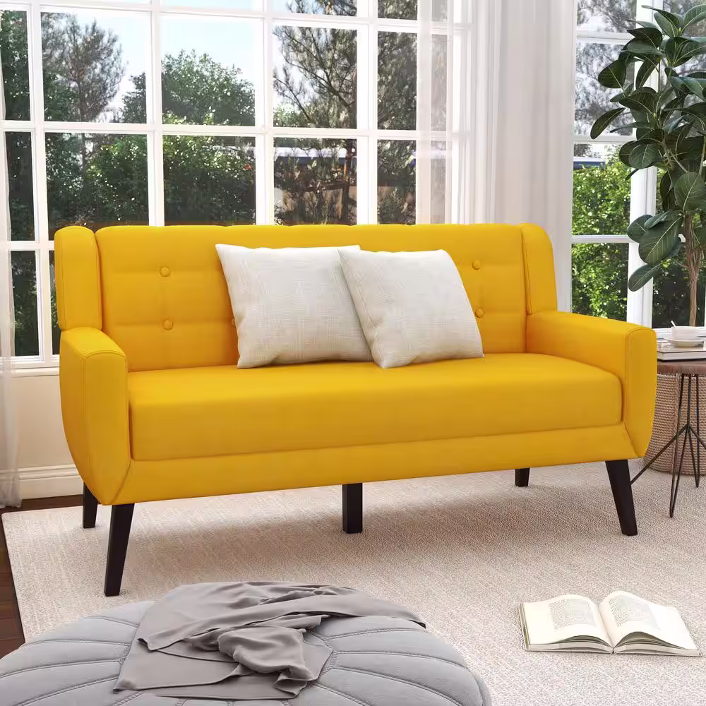 None 63 in.W Modern Straight Arm Linen Fabric Yellow Upholstered Button Loveseat Sofa With Two Pillows