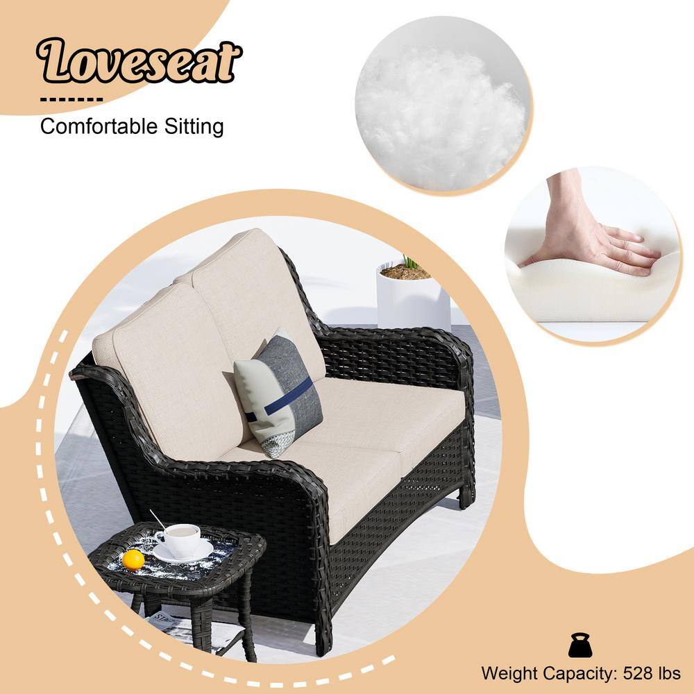 OVIOS Mercury Brown 5-Piece Wicker Patio Conversation Seating Set with Beige Cushions