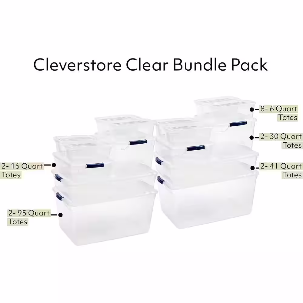 Rubbermaid Cleverstore Clear Variety Pack Storage Totes, 16-Pack