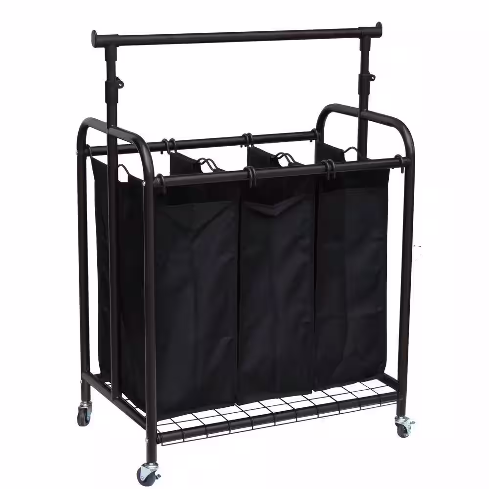 Oceanstar 3-Bag Bronze Rolling Laundry Sorter with Hanging Bar