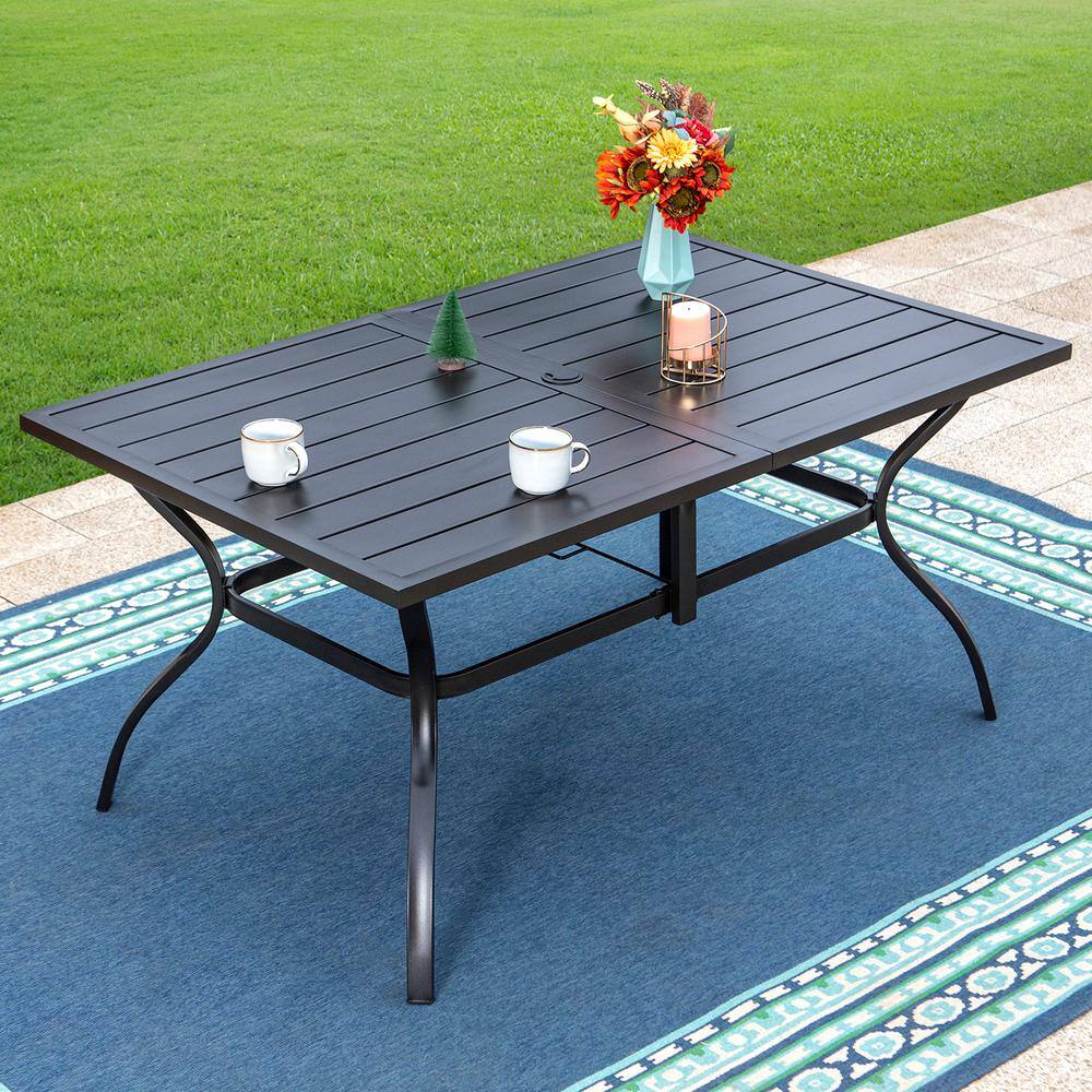 None Black 7-Piece Metal Slat Rectangle Table Outdoor Patio Dining Set with Blue Textilene Chairs