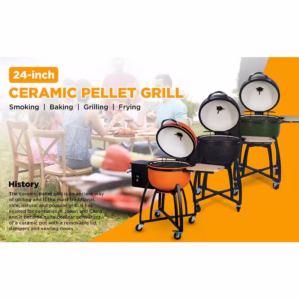 None 4-in-1 Smoked Roasted BBQ Pan-roasted 24 in. Ceramic Pellet Grill in Black With Cover for Outdoors Patio
