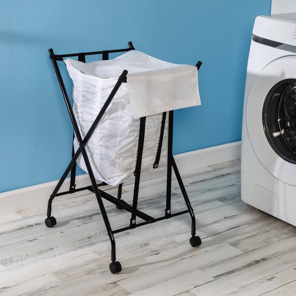 Honey-Can-Do Black/White Single Bounce Back No Bend Laundry Hamper with Wheels