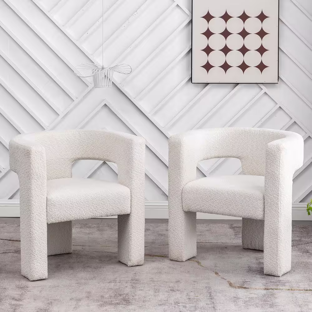 KINWELL White 28 in. Wide Boucle Upholstered Square Armchair Set of 2