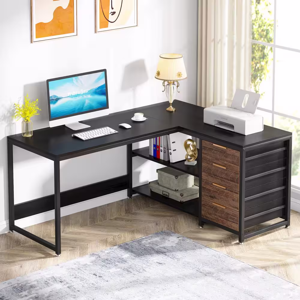 None Lanita 59 in. L Shaped Black Particle Board 4 Drawer Computer Desk, Reversible Corner Office Desk, Sturdy Writing Table