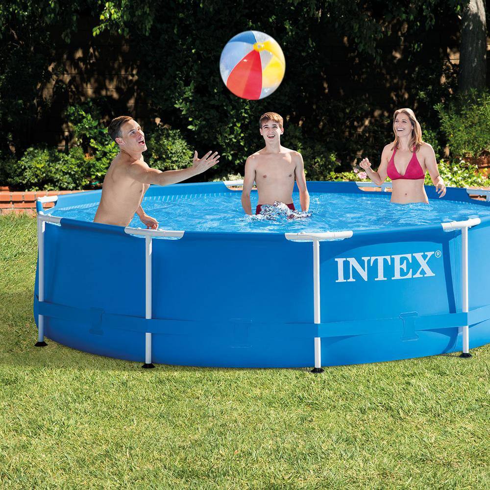 INTEX 10 ft. Round Metal Frame Above Ground Swimming Pool with Swimming Pool Cover, 1718 Gallons Capacity