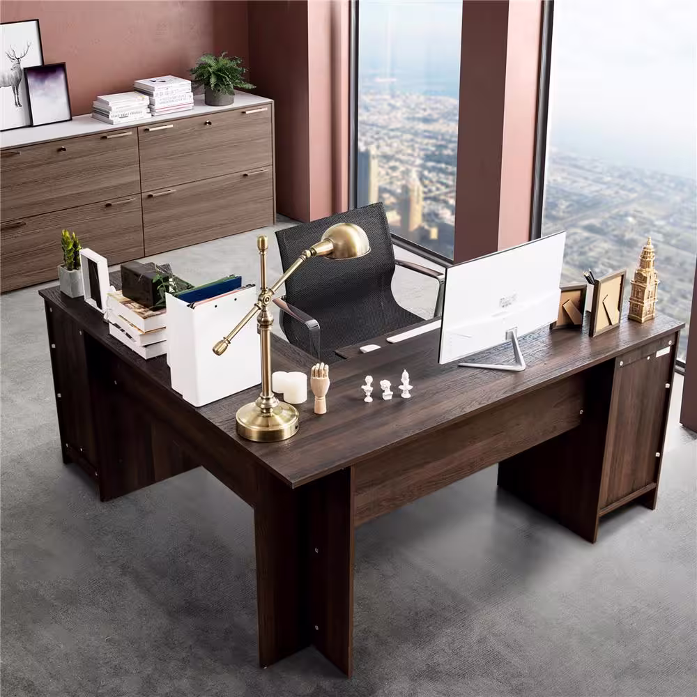 Costway L-Shaped 66 in. Brown Corner Computer Desk Writing Table Study Workstation with Drawers