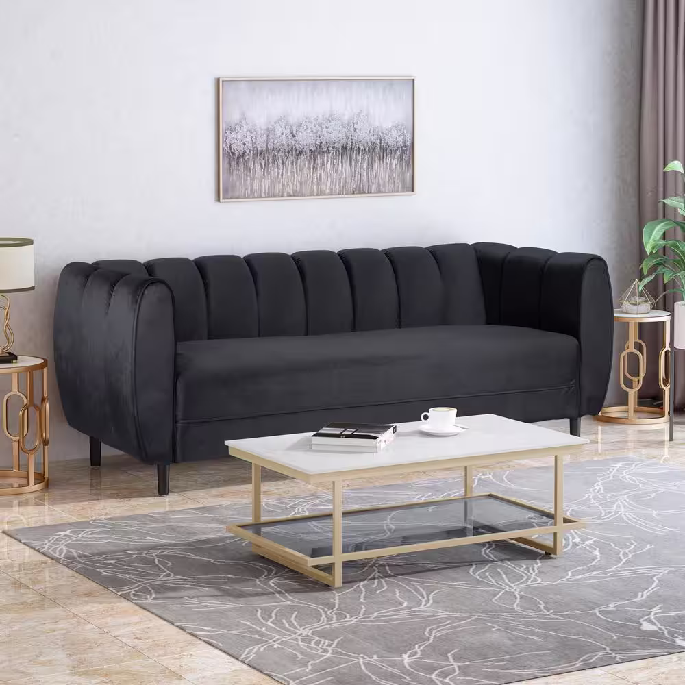 Noble House Bobran 83.25 in. Black Solid Velvet 3-Seat Tuxedo Sofa
