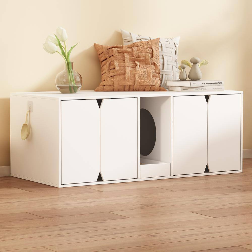 None Cat Litter Box Enclosure Furniture for 2 Cats, Indoor Large Modern Wooden 4-Door Cat Washroom with Double Room, White