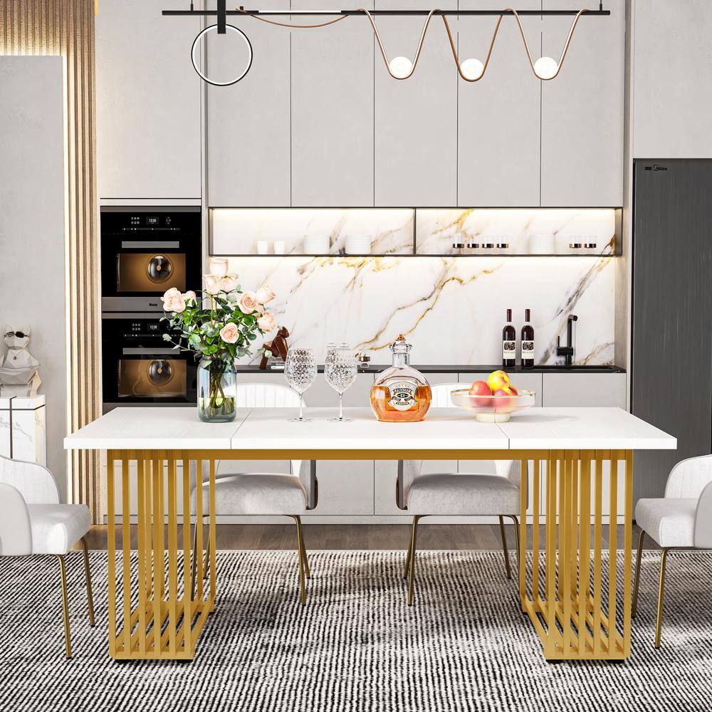 BYBLIGHT Moronia White Gold Wood 70.9 in. Dining Table Seats 6-8