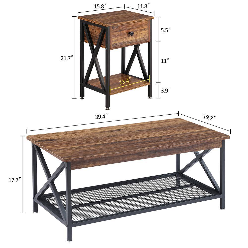 VECELO 3-Piece Occasional Table Set with Coffee Table + 2 End Tables, Brown Coffee Table Set