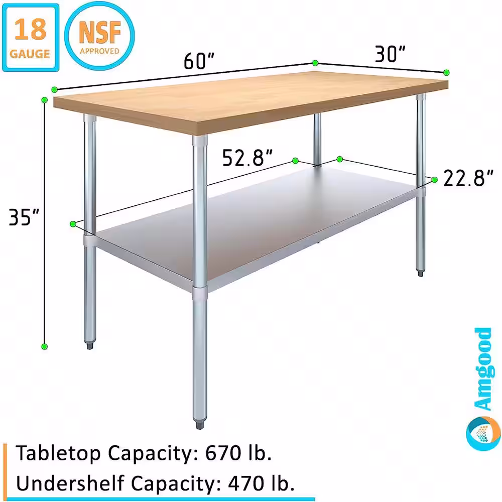 None Maple Wood Top 30  in.. x 60  in.. Kitchen Prep Table with Adjustable Bottom Shelf