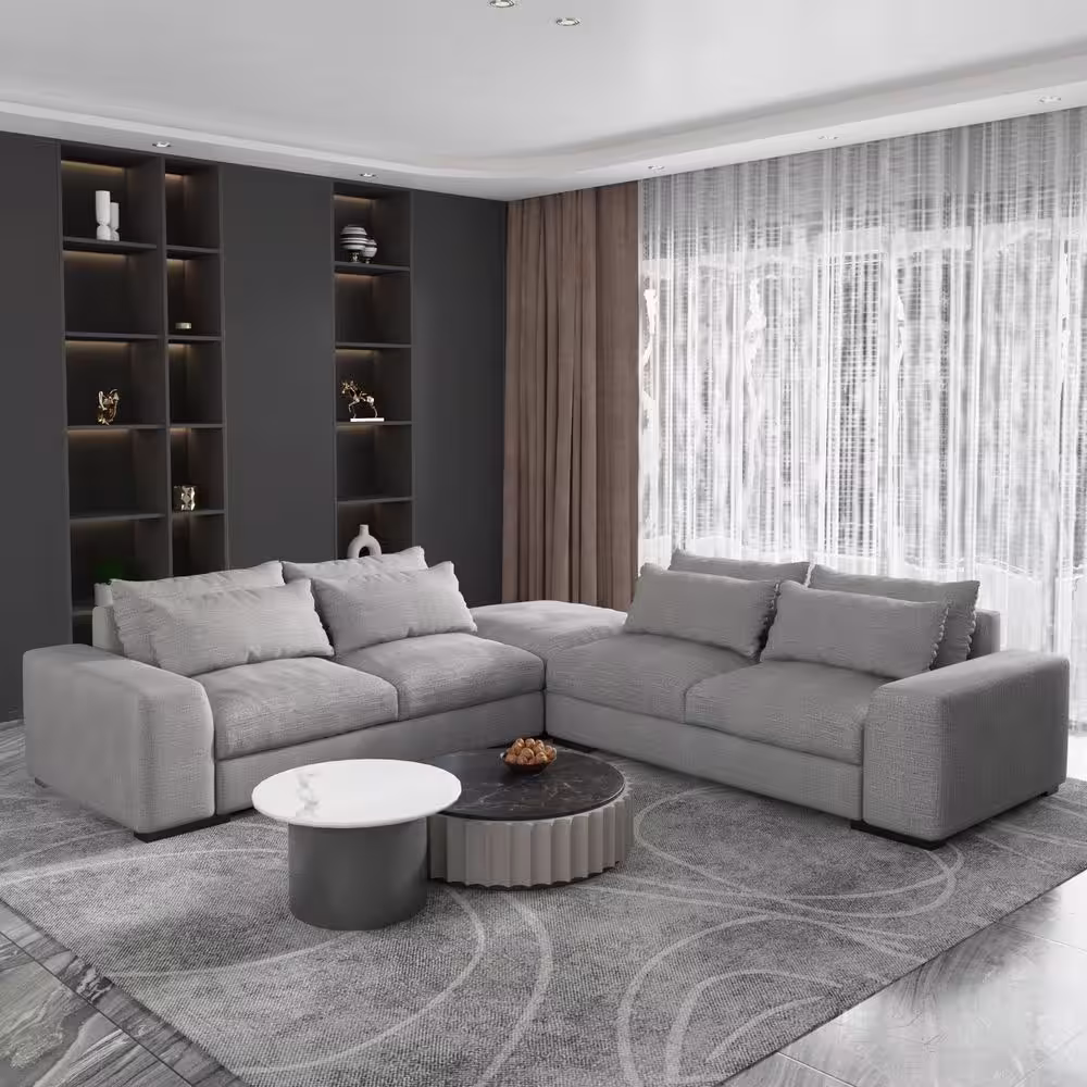 J&E Home 129.9 in. W Square Arm 3-Piece Linen L Shaped Reversible 4-Seater Sectional Sofa with Ottoman in Light Gray