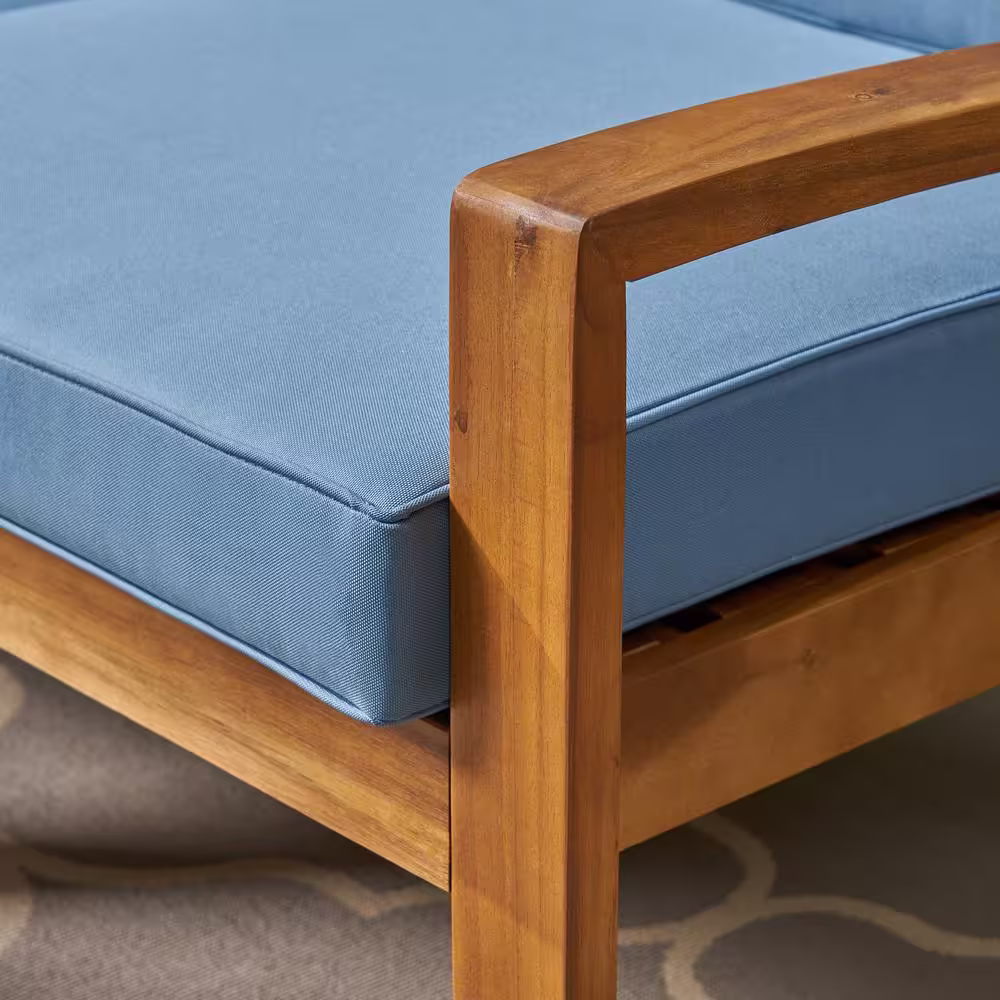 Noble House Grenada Teak Brown 5-Piece Acacia Wood Patio Conversation Sectional Seating Set with Blue Cushions