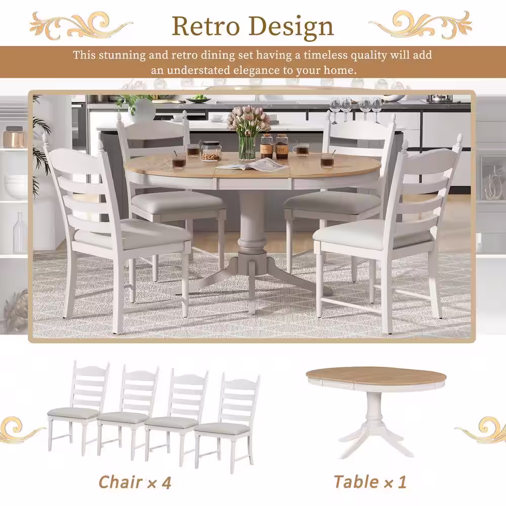 Harper & Bright Designs Retro 5-Piece Off White Wood Top Extendable Round Dining Table Set with 4-Upholstered Chairs