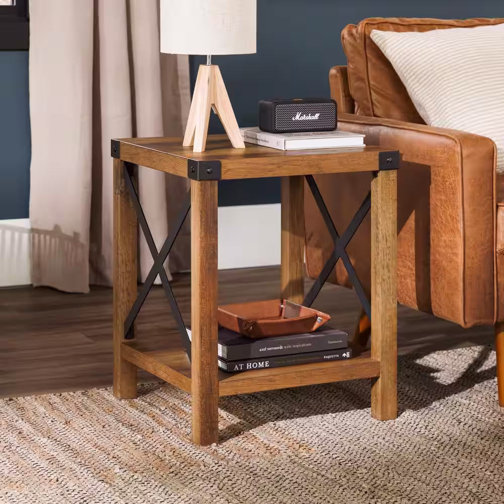 Walker Edison Furniture Company Urban Industrial 18 in. Rustic Oak Square Metal X Accent Side Table with Lower Shelf