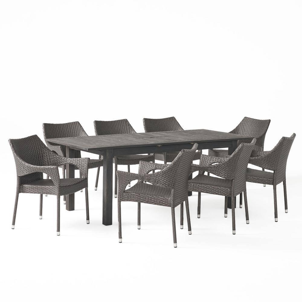 Noble House Damon Sandblast Dark Grey 9-Piece Wood and Grey Faux Rattan Outdoor Dining Set