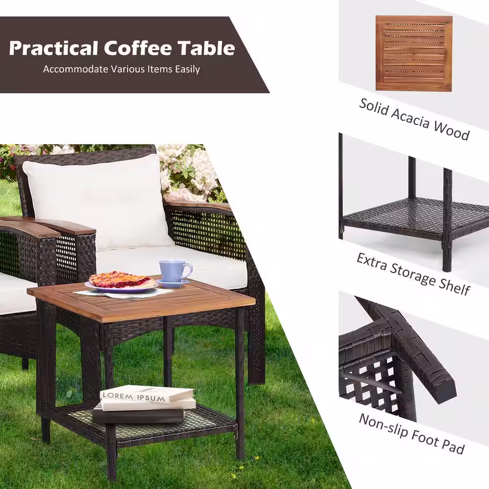 Costway 5-Piece Patio Rattan Furniture Set Acacia Wood Table Armrest Cushion Yard in Off White