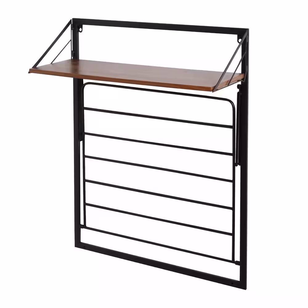 Honey-Can-Do Laundry Room Makeover 24 in. W x 31 in. H Melamine and Steel Wall-Mounted Folding Drying Rack in Black/Walnut