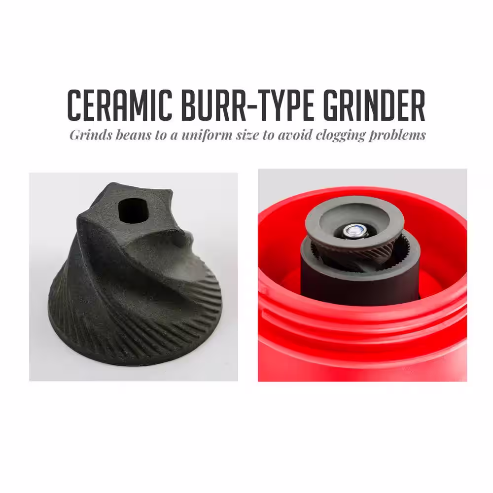 OVENTE Single Serve Red Coffee Grinder, 2-in-1 Carafe Coffee Maker Machine, With Insulated Cup