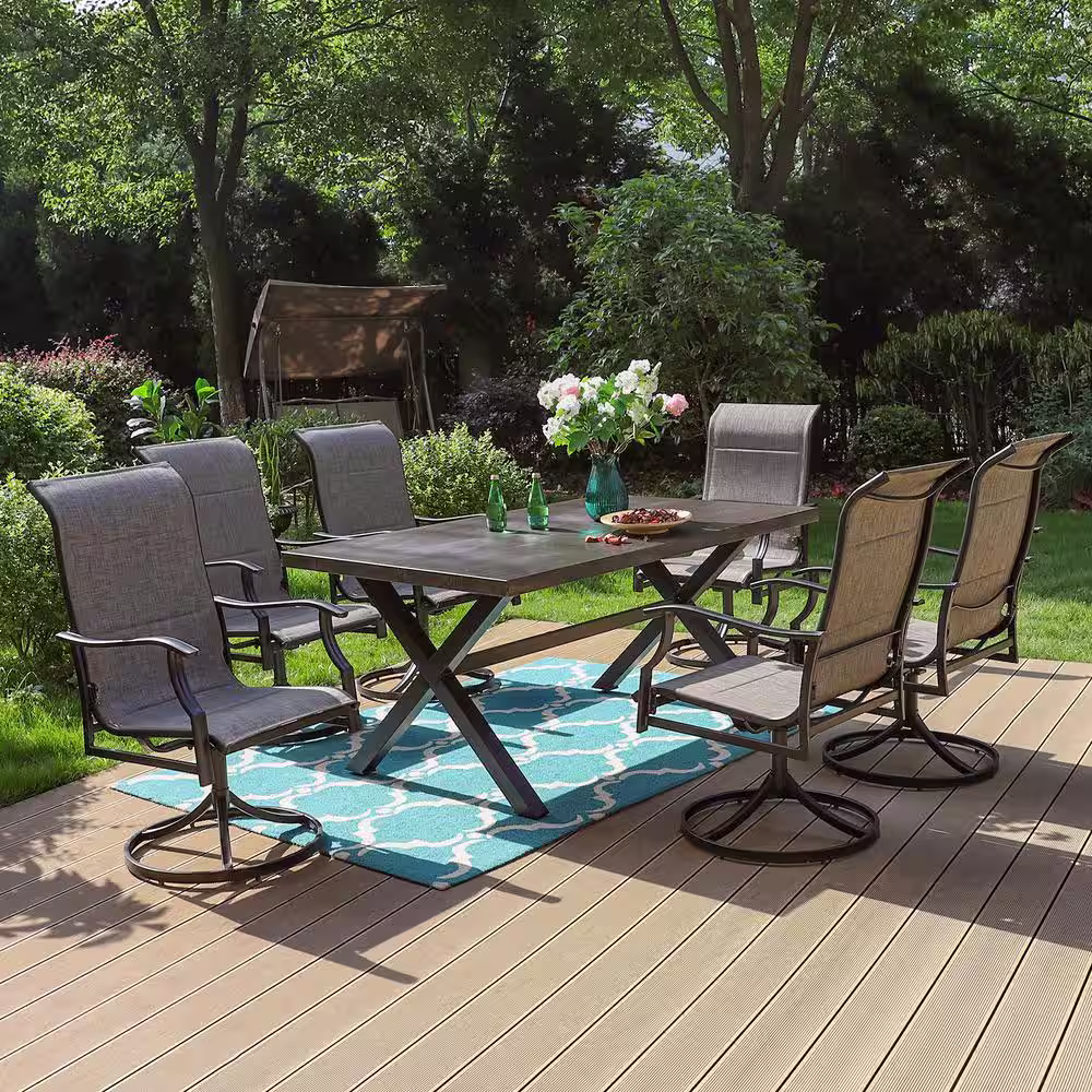 PHI VILLA Black 7-Piece Metal Outdoor Patio Dining Set with Wood-Look Rectangle Table and Padded Textilene Swivel Chairs