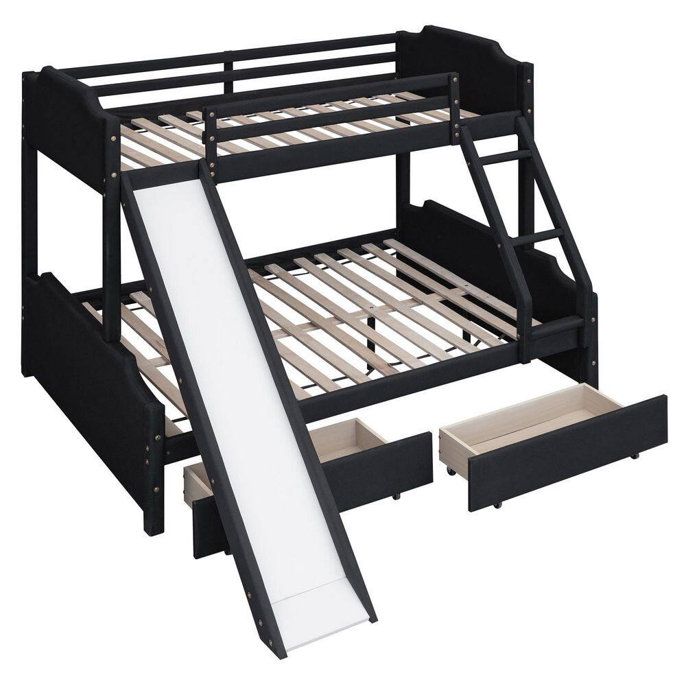 Harper & Bright Designs Black Twin over Full Upholstery Bunk Bed with Ladder, Slide and 2 Drawers