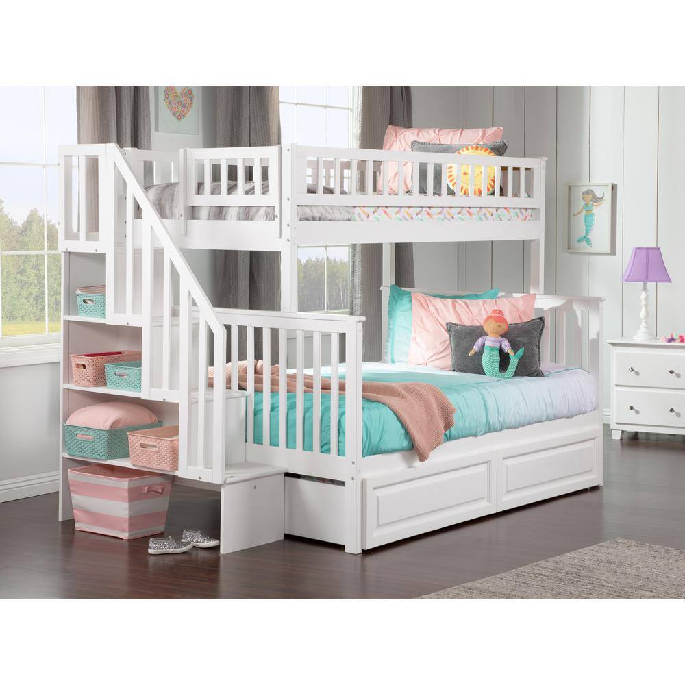 AFI Woodland Staircase Bunk Bed Twin over Full with 2 Raised Panel Bed Drawers in White