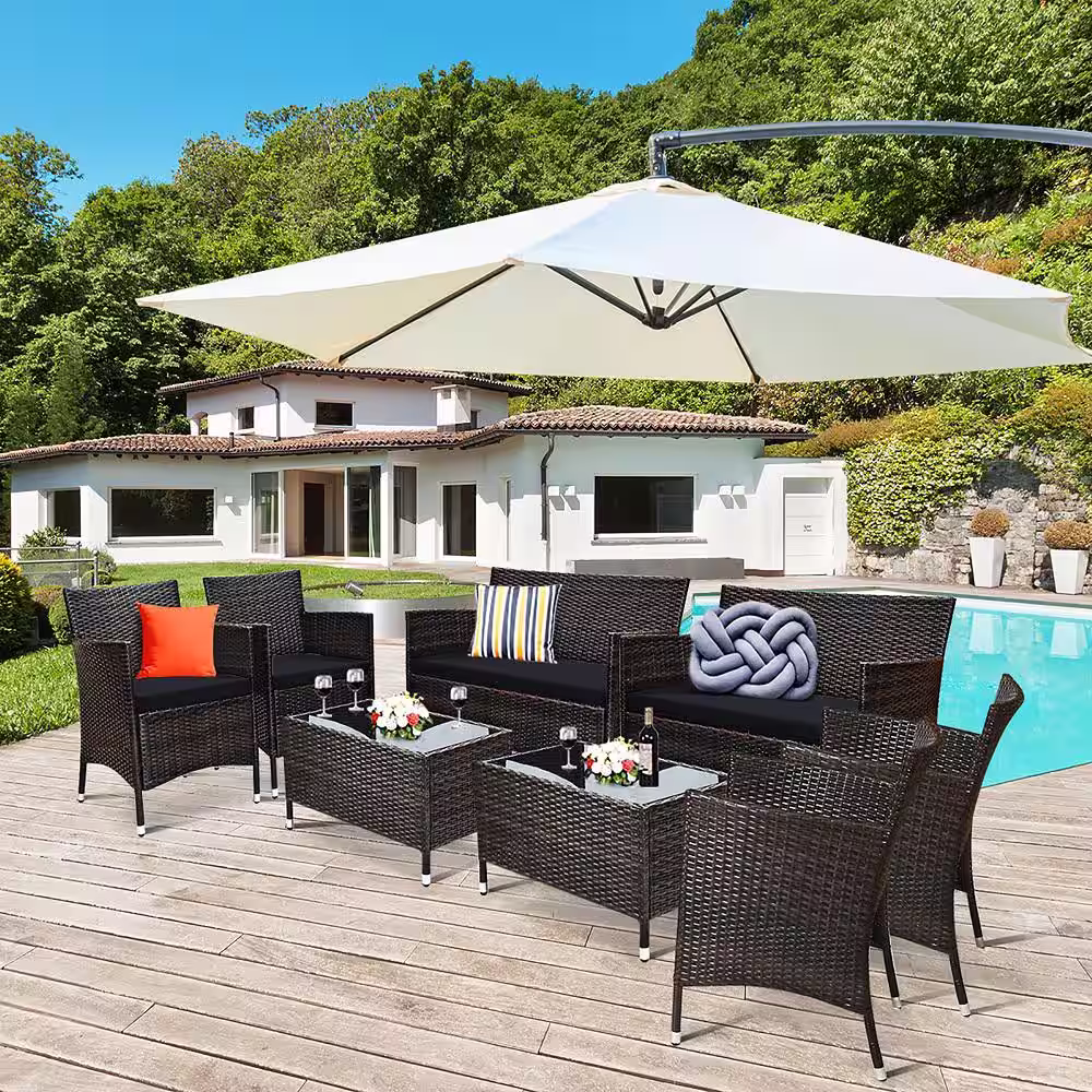 Costway 8-Piece Rattan Wicker Patio Conversation Set Cushioned Sofa Chair Coffee Table with Black Cushions