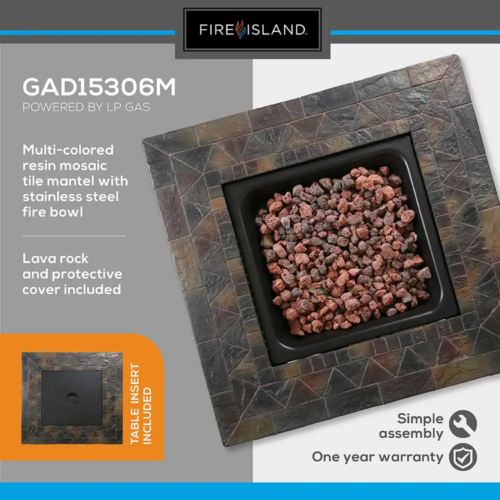 FIRE ISLAND 30 in. W x 24.6 in. H Square Steel LP Gas Mosaic Table Top Fire Pit with Oil Rubbed Bronze Base and 50000 BTU Burner