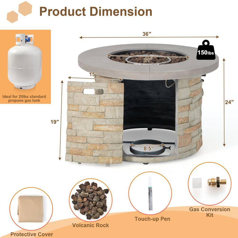 Costway 36 in. Round Propane Gas Fire Pit Table Faux Stone w/Lava Rock PVC cover