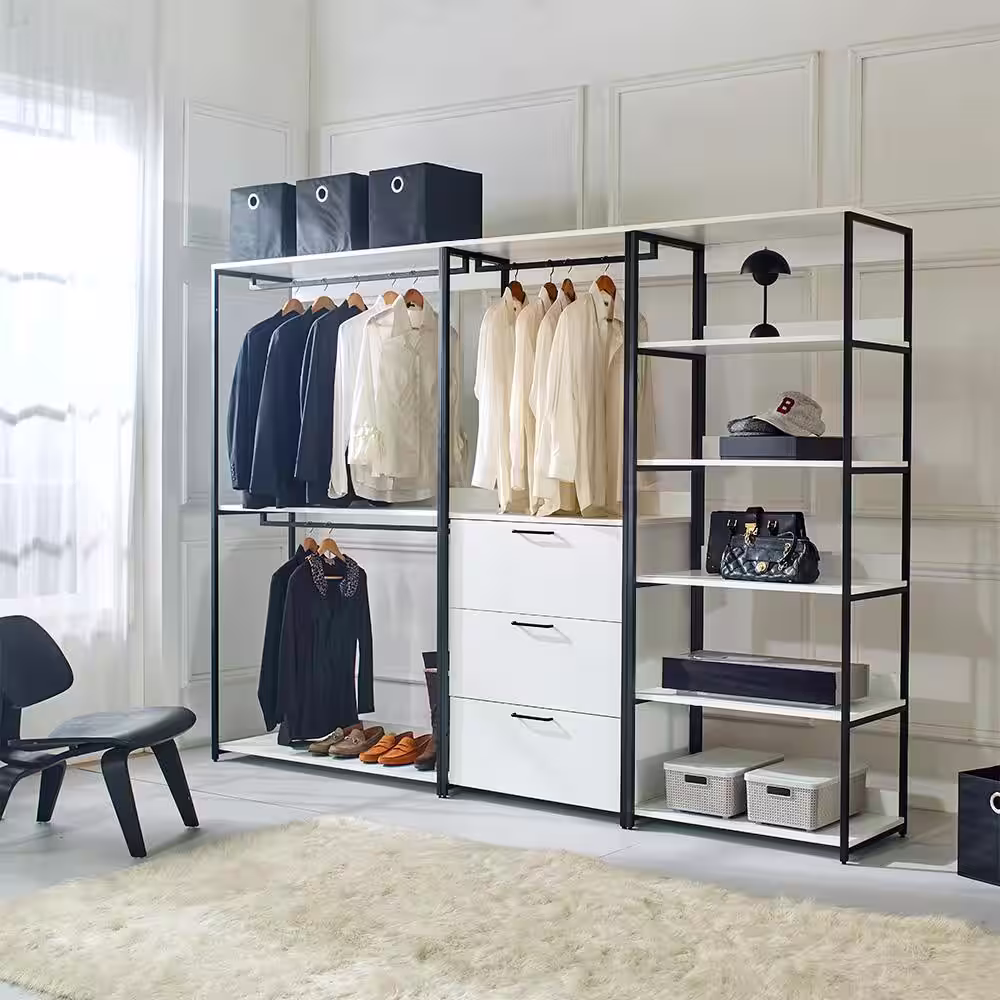 None Fiona 111 in. W White Freestanding 3 Tower System 7 -Shelf Walk in Wood Closet System with Metal Frame