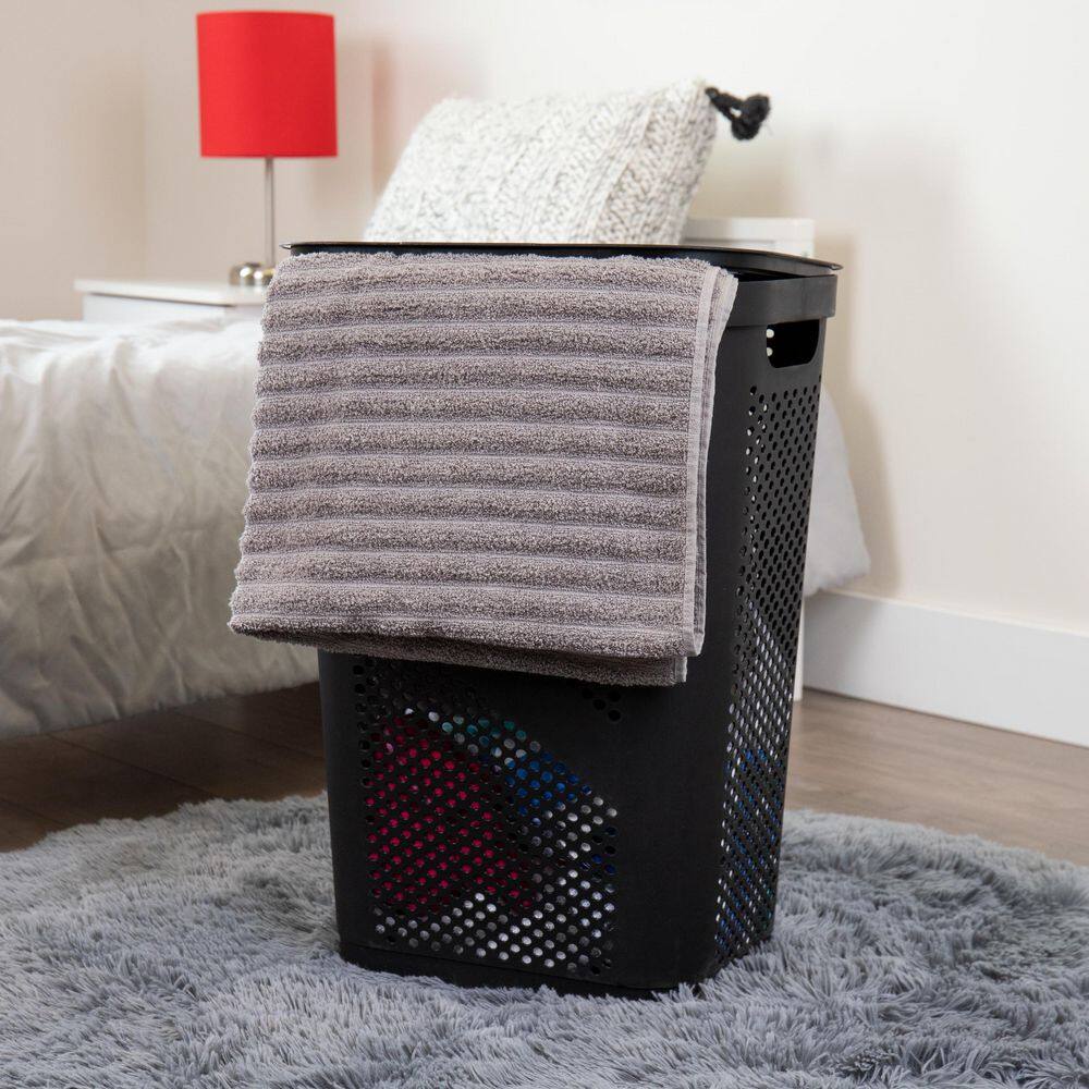Mind Reader Basket Collection Laundry Hamper, 60 Liter (15kg/33lbs) Capacity, Cut Out Handles, Attached Hinged Lid, Set of 2, Black