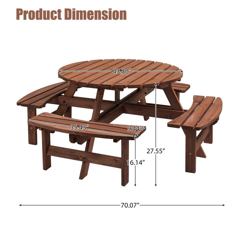 None 70.07 in. Brown Round Wood Picnic Table Seats 8-People with 4 Built-in Benches